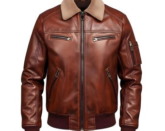 Men's Brown Leather Shearling Collar Bomber Jacket – Vintage Aviator Style