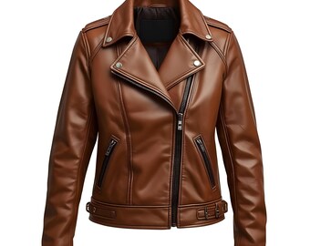 Women's Tan Genuine Leather Moto Biker Jacket Asymmetric Zip Belted Lapel