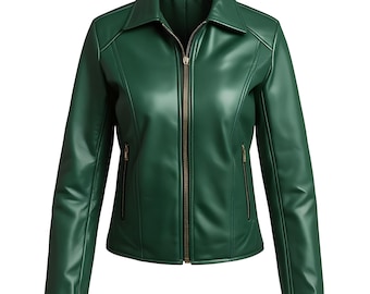 Women's Forest Green Genuine Leather Jacket Zip-Up Slim Fit Biker Style
