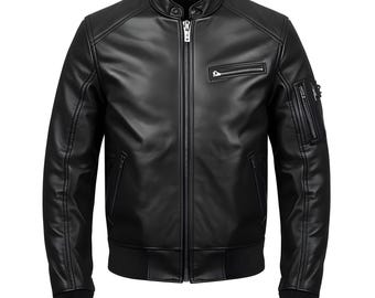 Men's Black Stealth Bomber Jacket, Vegan Leather, Flight Style Coat