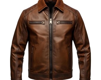 Men’s Brown Leather Jacket Vintage Bomber Coat Classic Retro Motorcycle Winter Outerwear