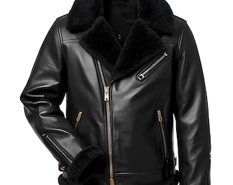 Men's Black Leather Biker Coat – Shearling Collar, Moto Style Winter Jacket