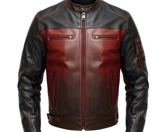 Two-Tone Leather Biker Jacket – Burgundy Black Slim Fit Motorcycle Coat