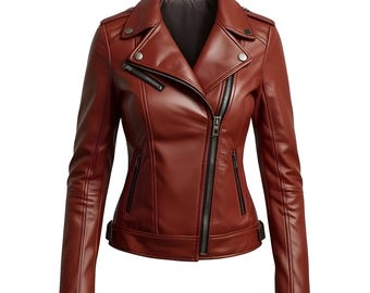 Women's Genuine Leather Moto Biker Jacket Asymmetric Zip Slim Fit