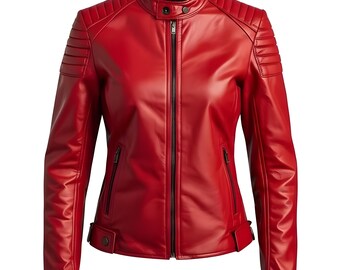 Women's Red Genuine Leather Biker Jacket Slim Fit Moto Racer Style