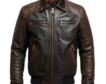 Distressed Mahogany Vegan Leather Bomber Jacket, Vintage Style Moto Coat