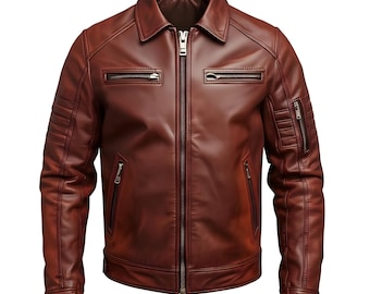 Crimson Mahogany Vegan Leather Moto Jacket, Slim Fit Biker Coat, Rib-Stitched Sleeves