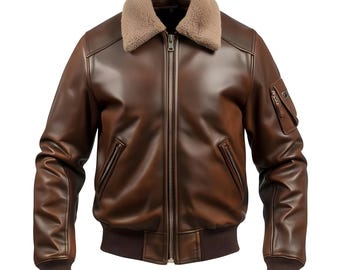 Men's Brown Faux Leather Bomber Jacket, Shearling Collar, Aviator Flight Coat