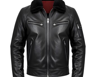 Men's Black Leather Jacket with Shearling Collar – Slim Fit Biker Style Outerwear