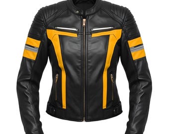 Men's Black Leather Biker Jacket | Yellow Stripe Racing Style Moto Coat