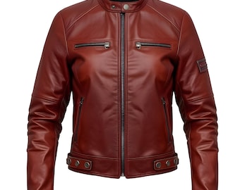 Red Leather Moto Jacket | Women's Slim Fit Tailored Designer Coat