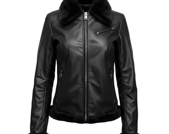 Women's Black Genuine Leather Aviator Jacket Shearling Fur Collar Slim Fit Winter