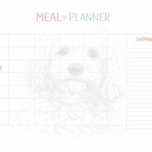 Può includere: Un foglio bianco per la pianificazione dei pasti con il testo MEAL PLANNER in alto e una piccola icona a forma di cuore. La griglia include i giorni della settimana da lunedì a domenica in vari colori, una lista della spesa e un cane disegnato.