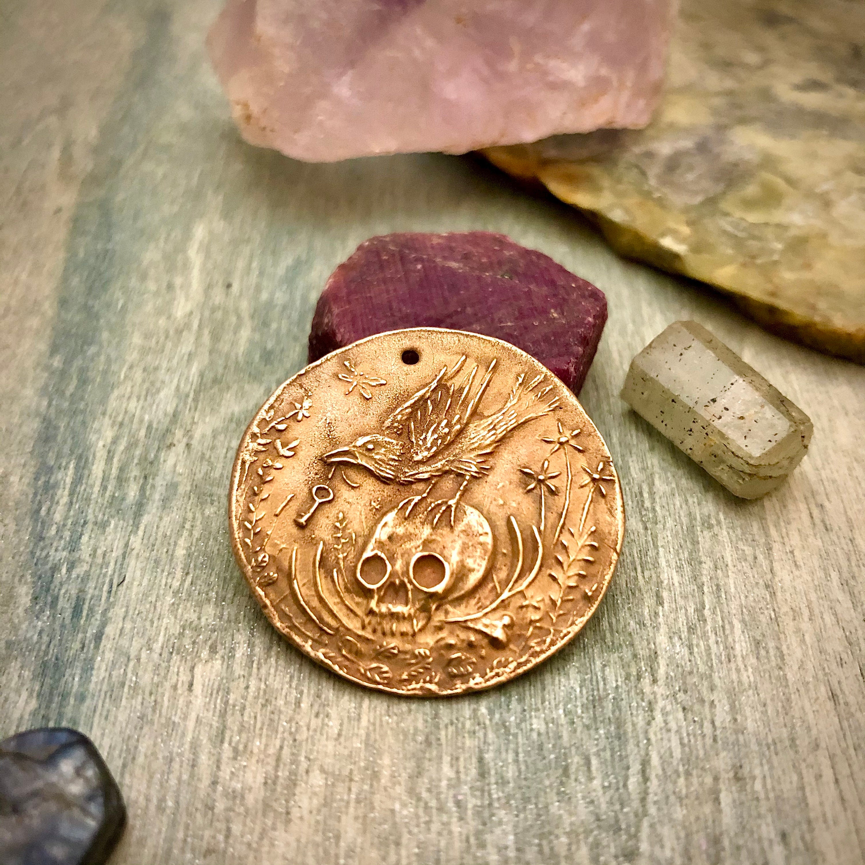 Bronze Crow and Skull Coin Pendant