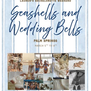 May include: A collage-style image with a blue and white striped background. The text "Lauren's Bachelorette Weekend" is at the top, with "Seashells and Wedding Bells" in elegant script. Below, "Palm Springs" and the date are displayed.