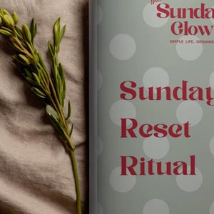 May include: A book titled "Sunday Reset Ritual" with a light green cover and white polka dots. The text is in a bold, red serif font. A sprig of green leaves rests on a beige fabric surface.