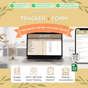 Op de afbeelding: Een huwelijks RSVP-tracker en formulier wordt weergegeven op een laptop en een smartphone. Het laptopscherm toont een gastenlijst en de telefoon toont een formulier. De afbeelding bevat pictogrammen voor budgettracking, gastentracking, huwelijkschecklist en accommodatie.