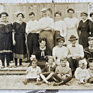 antique beach photo / swimsuit family vacation Real Photo Postcard RPPC,  group sepia photo, 1900s&#39; swimsuits, rare beach photo