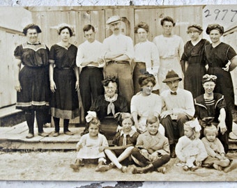 antique beach photo / swimsuit family vacation Real Photo Postcard RPPC,  group sepia photo, 1900s' swimsuits, rare beach photo