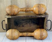 antique 2 wooden dumbbells, antique weight equipment, man cave decor, sporting decor