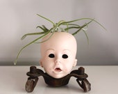 vintage bisque and salvaged metal air plant holder, air plant display, odd doll display, indoor plant holder