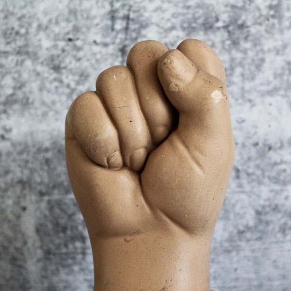 vintage mannequin hand in a fist, store prop, store display, composite mannequin hand, mannequin part