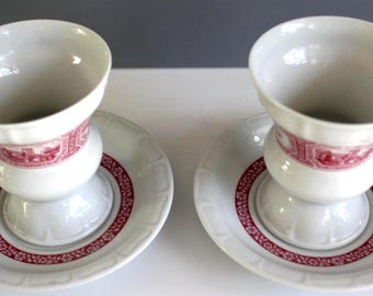 2 vintage sets of Heinrich Germany coffee chalice and saucer in white and cranberry transferware