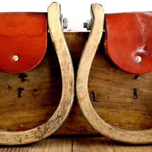 Pair of Vintage Western Oxbow Stirrup, Oak w/Metal Banding & Steel Pivot