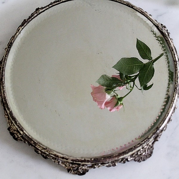 antique beveled vanity mirror/tray, dresser tray, perfume tray, filigree tray, romantic decor, cottage decor