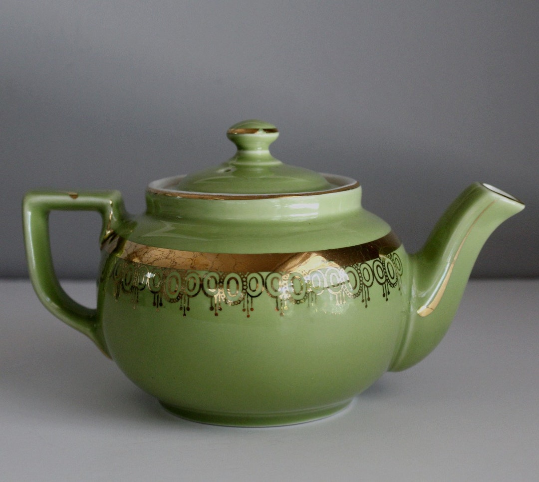 Vintage Hall USA Teapot, Gold Trimmed Teapot, Green and Gold Teapot
