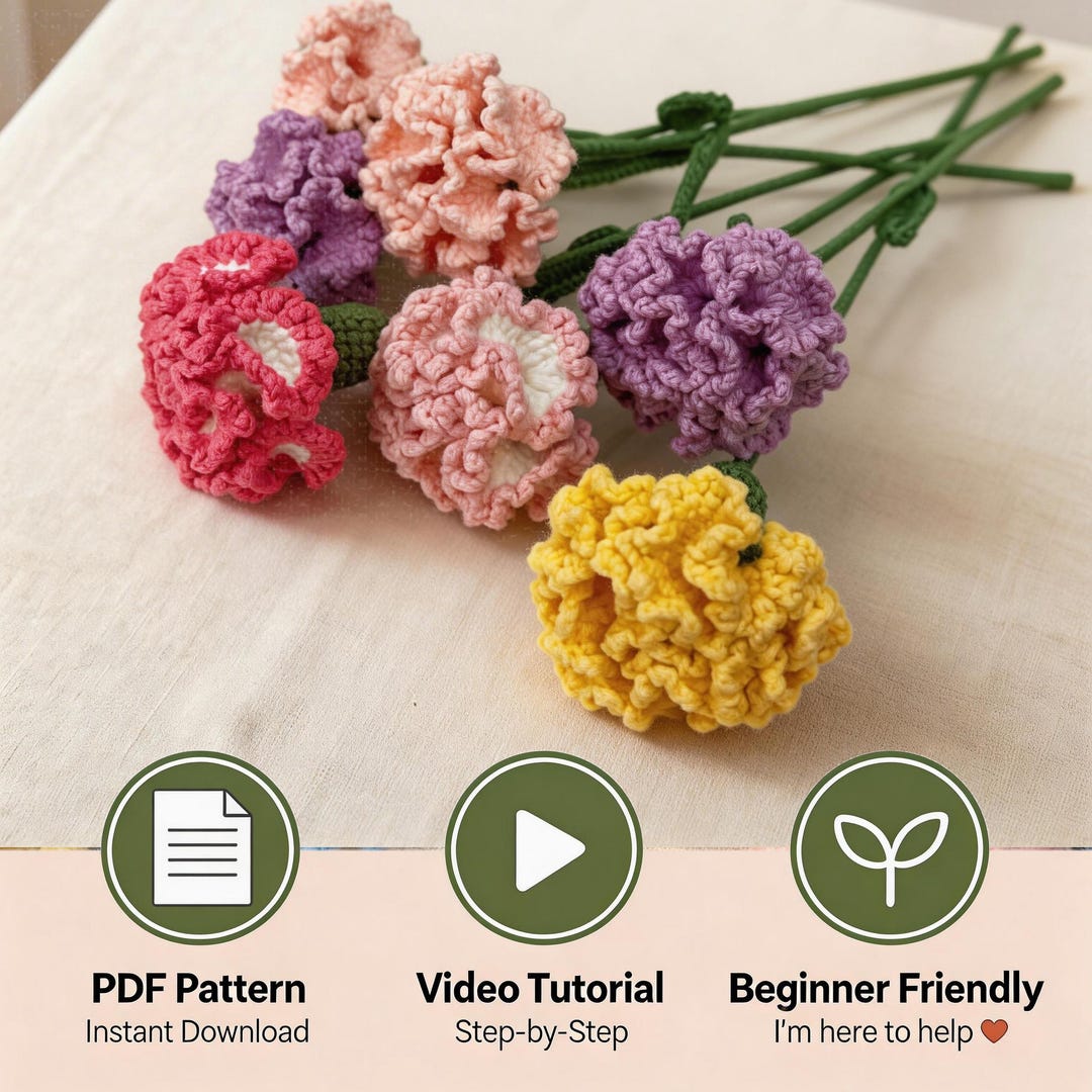 Handmade Carnation Pattern Carnation Crochet Pattern PDF With Video Tutorial, Flower Amigurumi for ...