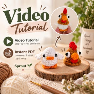 May include: A crochet pattern kit featuring a video tutorial and PDF for creating small amigurumi chickens. The image displays a white chicken and a brown chicken with red combs and orange beaks, alongside yarn balls and a crochet hook.