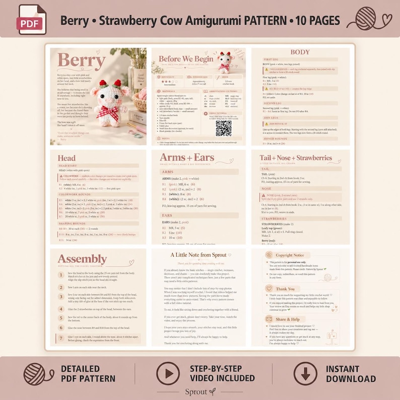 Berry Strawberry Cow Amigurumi Crochet Pattern PDF With Video Tutorial ...