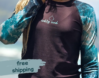Ocean Waves Rashguard Women – Surf & Dive UV Shirt, Salty Soul Surf Shirt, Long Sleeve Rash Guard, Ocean Inspired Swimwear, Ocean Lover Gift