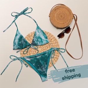 Ocean Waves String Bikini – Recycled Tie Bikini Set Women, Ocean Inspired Swimwear, Surf Bikini, Schnürbikini, Ocean Lover Beachwear