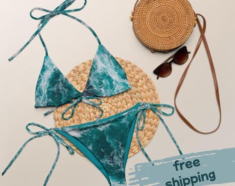 Ocean Waves String Bikini – Recycled Tie Bikini Set Women, Ocean Inspired Swimwear, Surf Bikini, Schnürbikini, Ocean Lover Beachwear