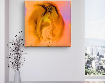 May include: Abstract art piece on a square canvas. The artwork features a swirling pattern of orange, yellow, and purple hues. The canvas is mounted on a white wall, with a tall vase and a city view visible in the background.