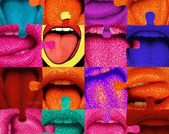 May include: A vibrant, pop art-style collage featuring close-up images of glittery lips in various colors. The central image shows an open mouth with a red tongue and a yellow background. The images are arranged in a puzzle-like pattern.