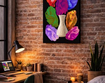 May include: A black canvas art piece featuring a white vase and colorful abstract shapes in red, green, purple, blue, and gold. The artwork hangs on a brick wall, with a desk and bed in the foreground.