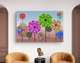 May include: A colorful abstract art print featuring stylized flowers in various colors against a light blue and brown background. The flowers have intricate details and are mounted on black stems. The artwork is displayed above two gold-colored armchairs.