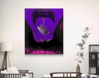 May include: A pop art style canvas print featuring a close-up of a mouth with a purple background. The tongue holds a small plate with cherries. The artwork has black and pink accents.