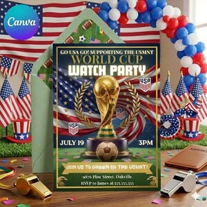 Pode incluir: Um cartão de convite retangular para uma festa de visualização da Copa do Mundo com um troféu dourado, uma bola de futebol e o texto GO USA GO! SUPPORTING THE USMNT WORLD CUP WATCH PARTY JULY 19 3PM JOIN US TO CHEER ON THE USMNT 9876 Pine Street, Oakville RSVP to James at 555.555.555.