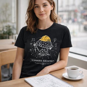 Könnte beinhalten: Schwarzes T-Shirt mit weißer Grafik, die einen gelben Bauhelm über einem Gehirn, einem Haus und dem Text "SCENARIO ARCHITECT" zeigt. Eine Frau sitzt an einem Tisch mit einer Kaffeetasse und einem Notizblock.