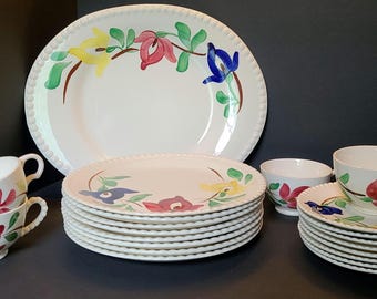 Vintage Blue Ridge Carnival Dinnerware | Hand-Painted Floral Candlewick Edge Plates, Platter, Plates,  Cups
