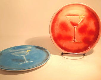 Vintage Artland Hand-Painted Cocktail/ Martini Recipe Plates – Set of 2 (Pink & Blue)