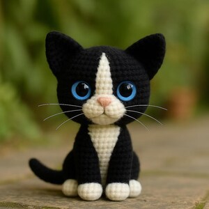 May include: A handmade crochet cat figurine in black and white, with large blue eyes and a pink nose. The cat has white paws and a white stripe down its face. The cat is sitting on a stone surface.