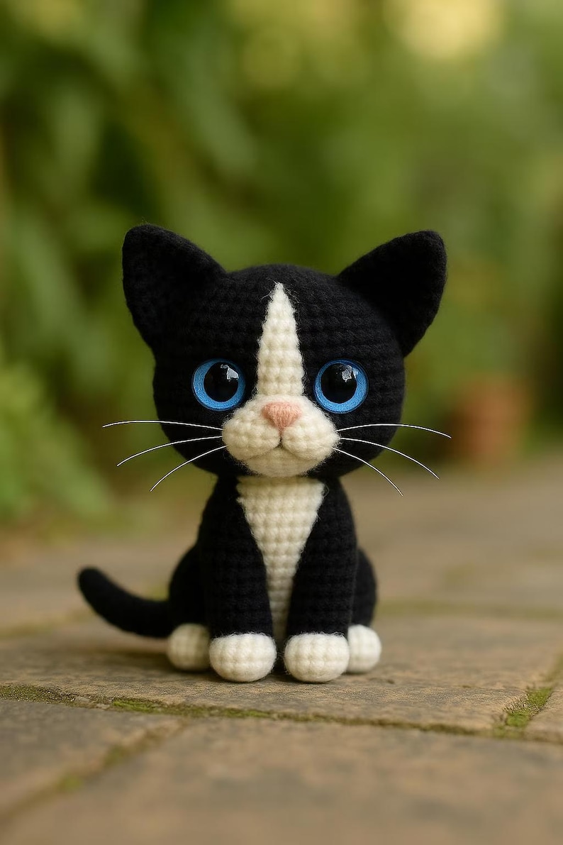 May include: A handmade crochet cat figurine in black and white, with large blue eyes and a pink nose. The cat has white paws and a white stripe down its face. The cat is sitting on a stone surface.