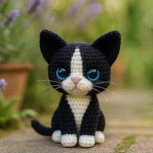 Könnte beinhalten: Eine handgefertigte schwarz-weiße Häkelkatze mit großen blauen Augen und einer rosa Nase. Die Amigurumi-Katze hat eine weiße Brust und Pfoten und sitzt auf einer Steinoberfläche. Der Hintergrund ist verschwommen mit grünem und violettem Laub.