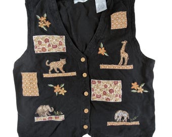 Victoria Jones Vintage 1980s Embroidered Vest Jungle Beaded Floral Size M