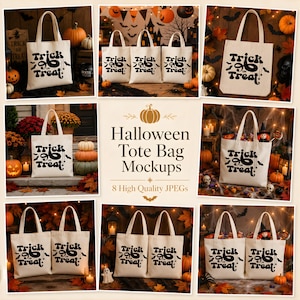 May include: A collection of eight off-white canvas tote bags featuring the black text Trick or Treat in a stylized font. The bags are displayed in various Halloween-themed settings with pumpkins, autumn leaves, and festive decorations.